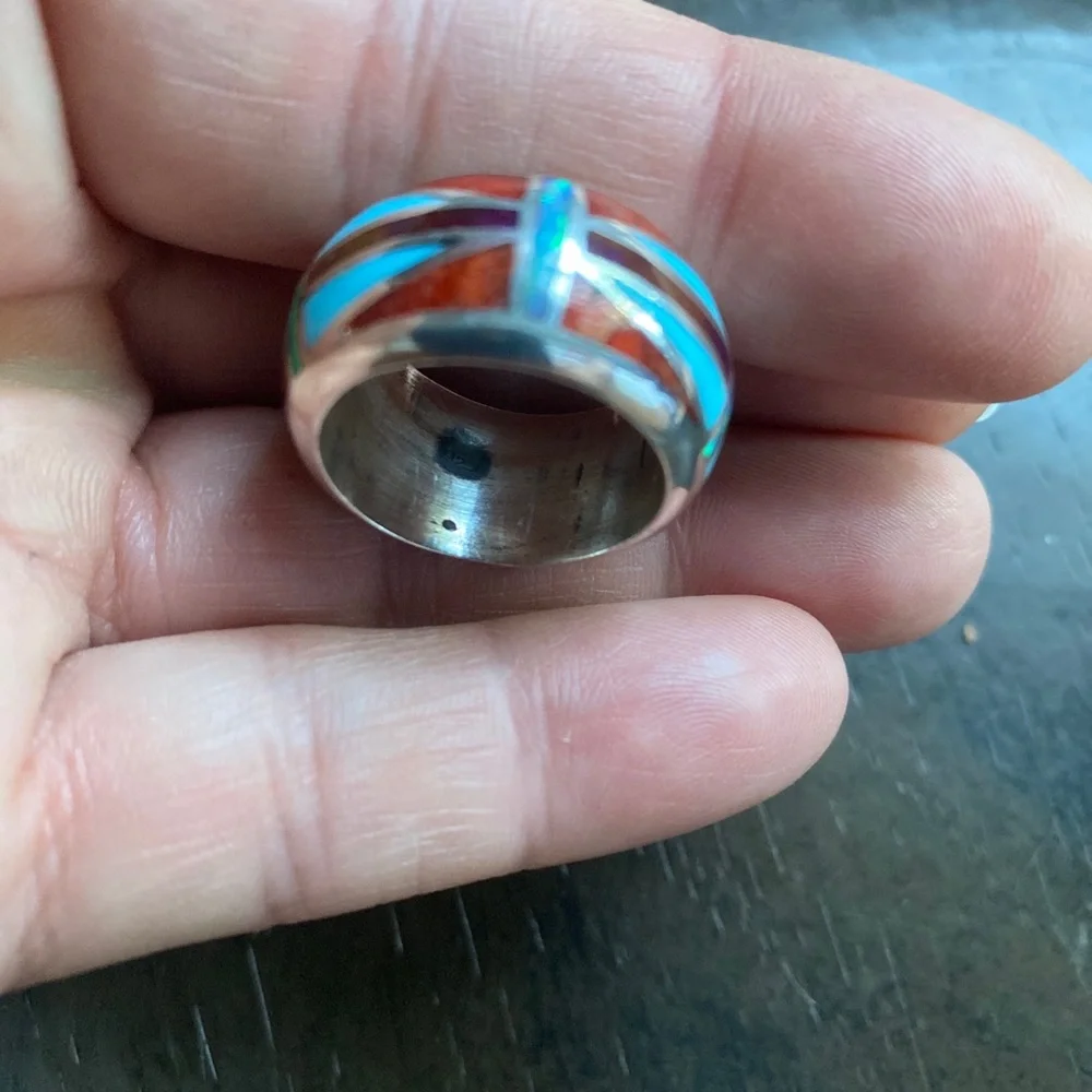 Turquoise Coral Opal Inlayed Sterling Silver Band Ring size 9 - Picture 2 of 6